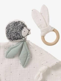 Doudou Carré En Coton Bio* Et Polyester + Hochet Rond LOVELY NATURE Blanc Moyen Uni Avec Decor - Vertbaudet -Enfants Meubles Magasin doudou carre en coton bio et polyester hochet rond lovely nature 2