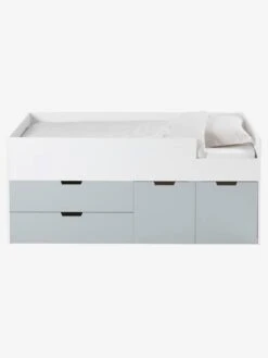 Lit Enfant Mi-hauteur XL Avec Rangements LIGNE PASSE-PASSE Blanc - Gris - Vertbaudet -Enfants Meubles Magasin lit enfant mi hauteur xl avec rangements ligne passe passe 2