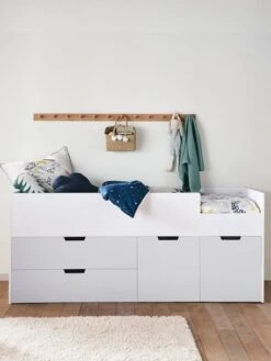 Lit Enfant Mi-hauteur XL Avec Rangements LIGNE PASSE-PASSE Blanc - Gris - Vertbaudet -Enfants Meubles Magasin lit enfant mi hauteur xl avec rangements ligne passe passe 3